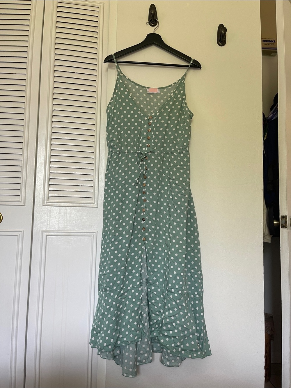 CDM Light Green Polka Dot Tiered Button-Front Maxi Dress – Size Small